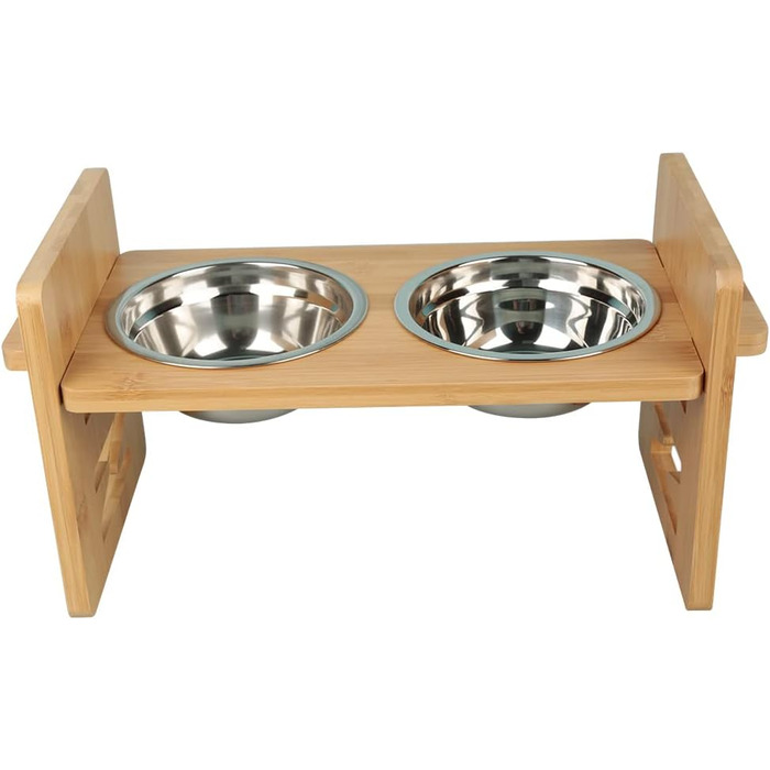 Підвищений годівниця для собак та котів 2-в-1, 4 регульовані висоти, антиковзкий стійкий підставка з нержавіючою чашею, підходить для всіх порід (бамбук)