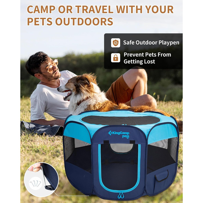 КінгКемп Переносний вольєр для собак, вольєр для цуценят, складаний вольєр для домашніх тварин, намет для собак з сумкою, для використання в приміщенні та на вулиці, знімний блискавкою низ, розмір S (вольєр для тварин з 8 панелей, блакитний)