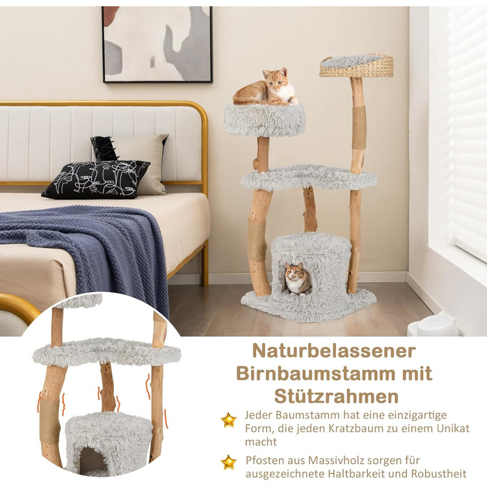 Дерев'яний кігтеточка для котів COSTWAY 124 см з будиночком, м'яким сидінням та платформою, кігтеточний стовпчик з джуту, кігтеточка-вежа для котів, масивне дерево, сірий колір, 3 стовпчики