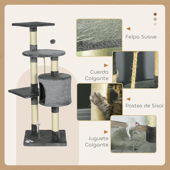 Котячий будиночок PawHut: когтеточка, кріплення для іграшок, платформа, печера, 116 см, сірий