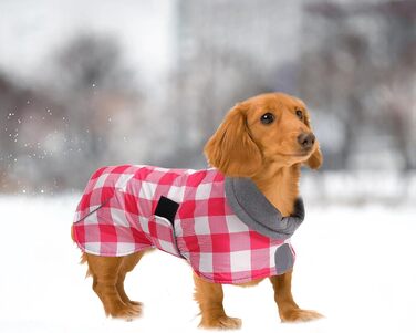 MOREZI Водонепроникна зимова куртка для собак, з флісовою підкладкою, для такс та інших порід, у клітинку рожевого кольору, з регульованим поясом та світловідбиваючими елементами, розмір XS (довжина спини 29-32 см)