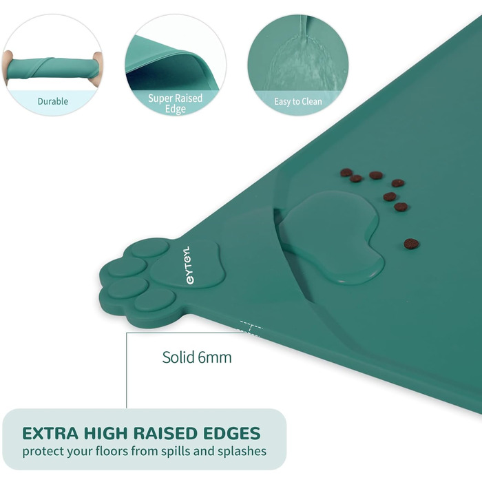 Водонепроникний килимок для годівлі домашніх тварин з високими бортиками, 55 x 38 см, силіконовий, нековзний, для собак та котів, запобігає розливанню води (зелений, 48 x 30 см)