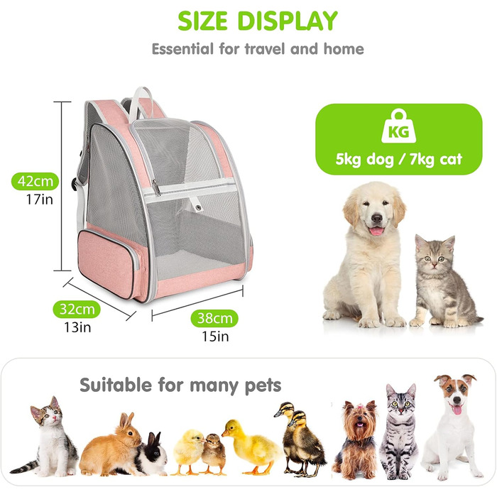 Рюкзак для собак та котів PETCUTE, рожевий, до 7 кг, дихаючий, складний, для подорожей, кемпінгу, схвалений авіакомпаніями