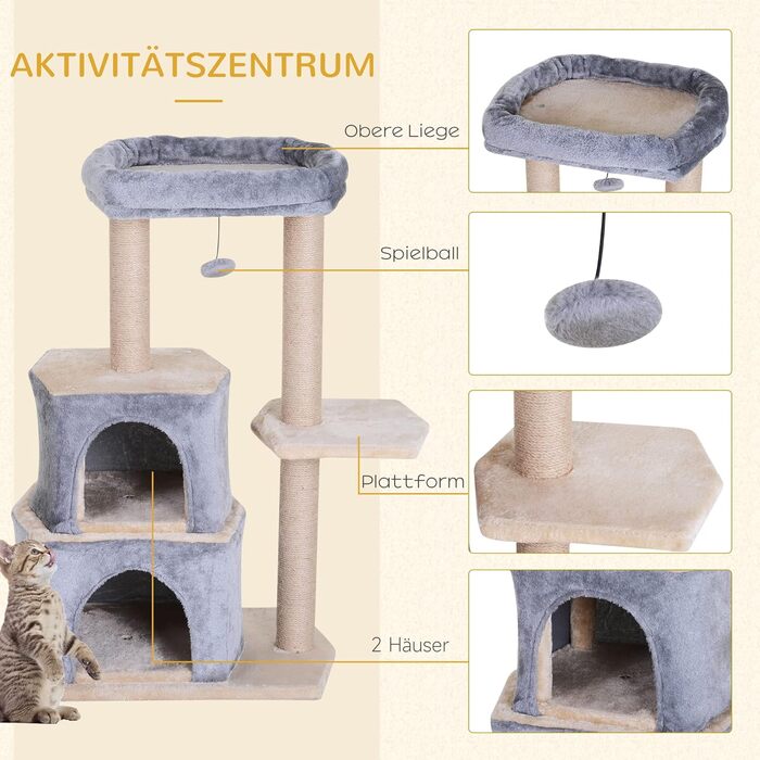 Дряпак для котів PawHut, котячий будиночок з сизалем, сірий, 60x40x92 см