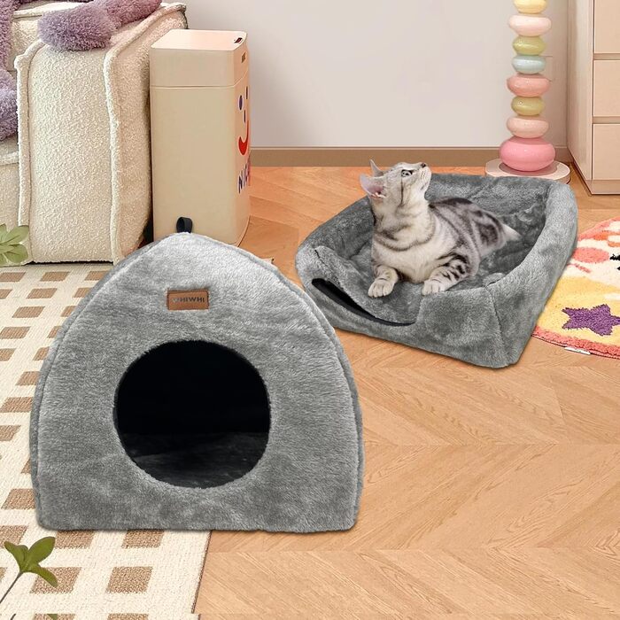 Котяча хатинка Whiwhi для дому, намет для котів із м'яким плюшевим матрацом, складаний сірий будиночок 45x45x41 см
