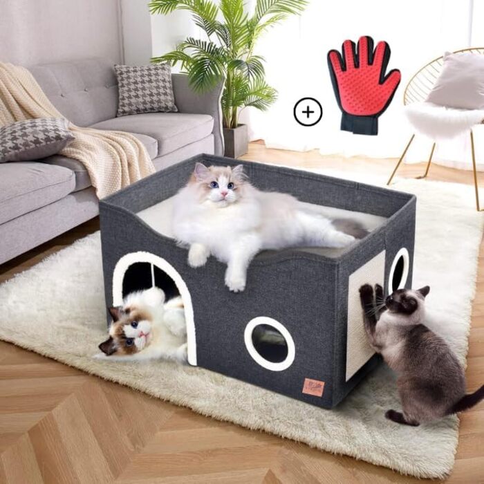 Складаний котячий будиночок B-WaynFlex, двошарова кубічна котяча хатка з великим простором, лежанка для котів з кігтеточкою та іграшковим м’ячем, для малих і середніх домашніх тварин, для дому, з рукавичкою для догляду за шерстю котів і собак