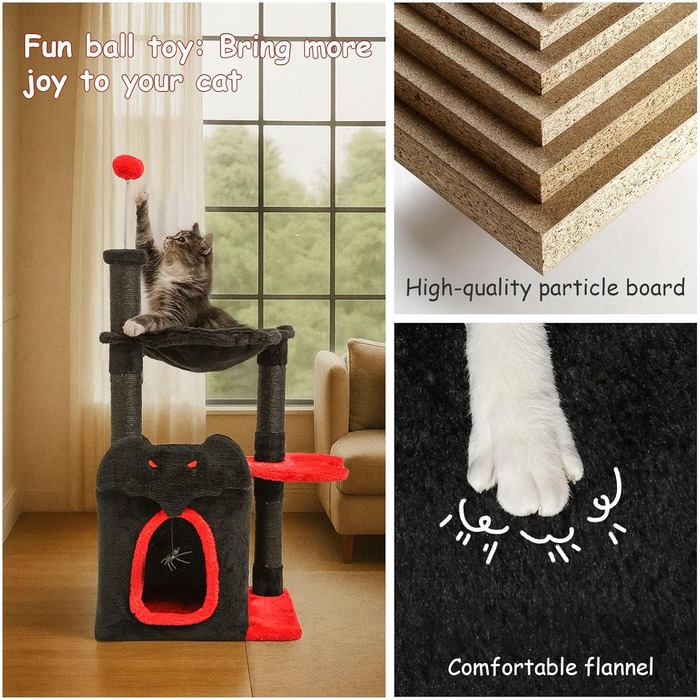 BYBYME Готичний кігтеточка для Хелловіну, 84.5 см, стійкий комплекс для котів з ліжком, будиночком, гамаком, кігтеточками з сизалю, багатофункціональна котяча іграшка (Чорний/Червоний), підлоговий, 96.5 см