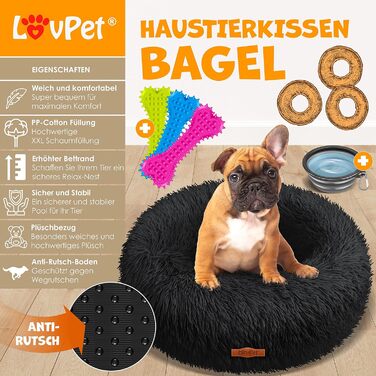 Ліжко-лежак для собак і котів Lovpet Bagel 3XL, 100 см, плюшеве, кругле, темно-синє, з мискою та 3 кісточками, м'яка подушка для малих, середніх і великих тварин, пране