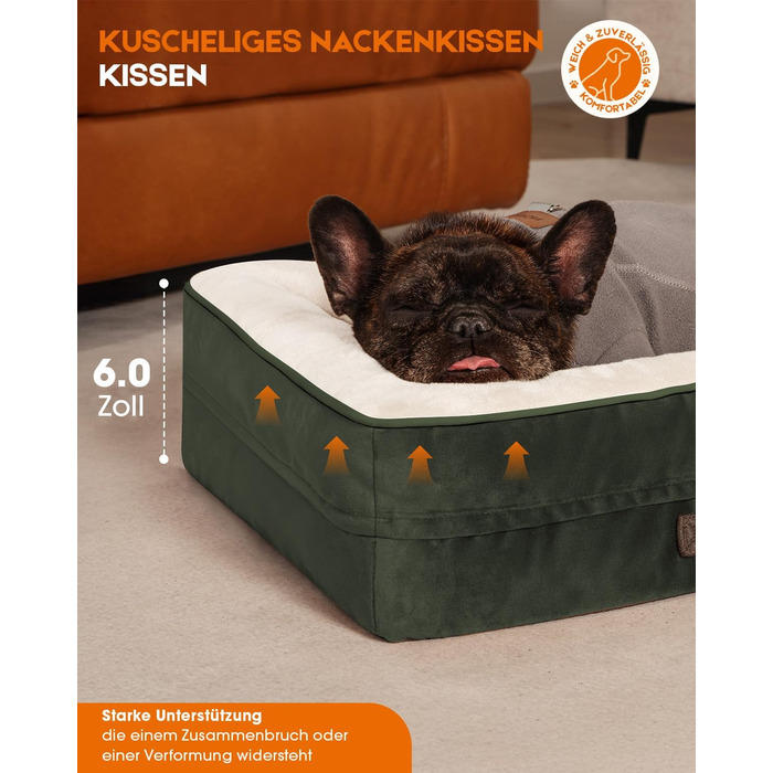 Ортопедичний лежак для собак середніх порід, корзина для собак, що можна прати, з піною у формі яйця, водовідштовхувальне ліжко для собак з неслизьким дном та чотиристороннім валиком (Оливковий, 46x61x15см)