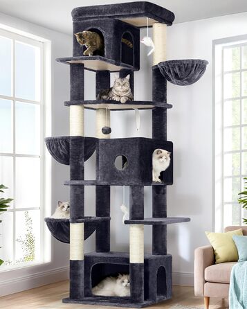Кігтеточка Globlazer 204 см з 3 будиночками, 2 платформами, 3 м'якими будиночками для котів, стабільна, для 3-5 котів, відпочинок, ігри, дряпання, інтер'єр (Dunkelgrau)