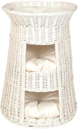 Кігтечка-ліжко для котів - Кругла кімната для відпочинку - Кігтечка з лози - Триповерхове ліжко для собак або котів - Плетена корзина білого кольору - (Бежева подушка)