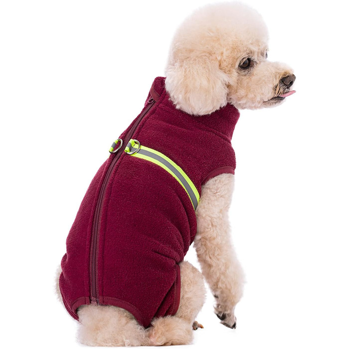 Теплий пуловер для собак з флісу та світловідбиваючою жилеткою. Зручний, теплий, для цуценят та дорослих собак. (Зелений, розмір M, червоний)