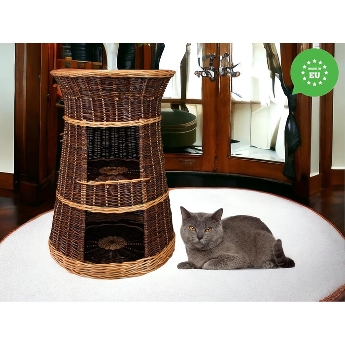 Корзина для котів, лежанка-будка, 43x49x70 см, з вербового пруття, трирівневе ліжко для собак та котів, знімні подушки кремового кольору, лакована корзина (без подушок)