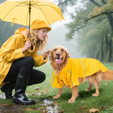 Дощовик для собак PETCUTE з капюшоном, непромокаючий, з світловідбиваючими смугами, регульований, з отвором для нашийника, для малих, середніх та великих собак (M, жовтий)