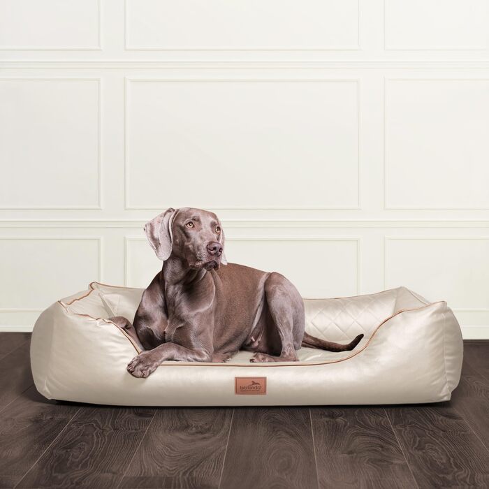 Ортопедичне ліжко для собак Tierlando® Louis з степленого штучного шкіровинилу в клітинку та матрацом з Memory Foam, розмір 100x75 см, колір: (05 Creme, L 120 x B 85 x H 25 см)