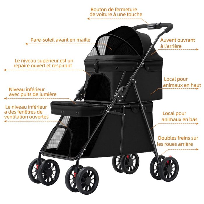 Дитяча коляска 3 в 1 для собак та котів, складні, з 4 EVA-колесами, ручка, 3 вікна з сітки, тримач для напоїв, для маленьких та літніх собак, тролей для людей з обмеженими можливостями (67 x 50 x 95 см, Чорний)