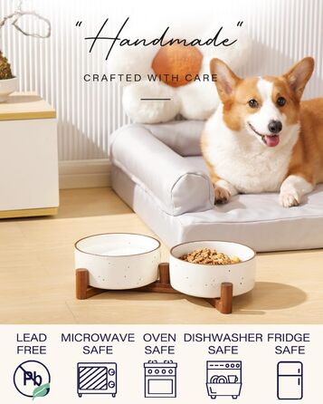 Набір мисок для собак Getstar з кераміки на підставці з акації, 887 мл, 2 шт, з кольоровим обідком