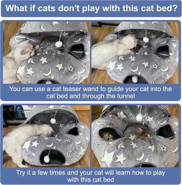 Кішка ліжко з підсвіткою, великий плюшевий тунель для котів з м'ячиком, велика шуршача печера для котів, іграшка для котів, кроликів або цуценят, сірий колір + світиться в темряві
