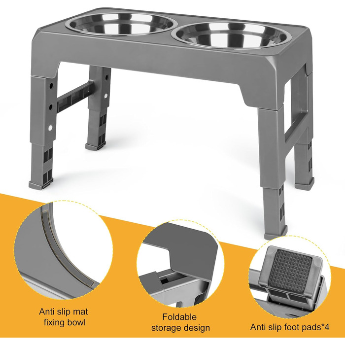 Підвищений годівниця для собак та котів, 2-в-1, 4 регульовані висоти, підставка Anti-Slip з нержавіючою чашею, сірий, 44 x 24 x 8 см