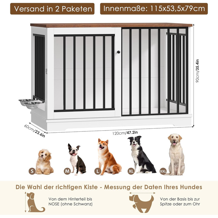 Клітка для собак FirFurd 120см: металева та дерев'яна, XXL, для дому, 120 x 90 x 60 см, коричнево-біла