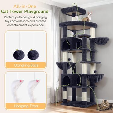 Кігтеточка Globlazer XXL 209 см з 2 будиночками, великою платформою, 3 кошиками, стовпчиками для шліфування, 8 стовпчиками з сизалю, стабільна кігтеточка для кількох котів (темно-сірий)