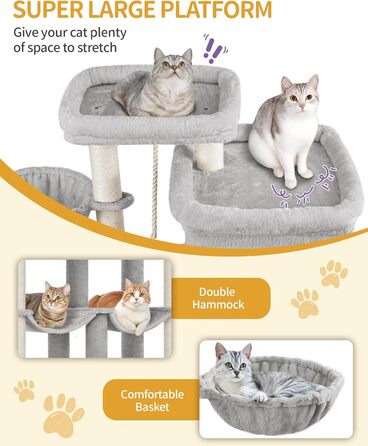 Котячий будиночок Hzuaneri XXL з 10 стовпчиками для дряпання, 2 печерами, 2 гамаками, великою платформою, щітками для котів, кошиком. Підходить для Maine Coon, великих котів, сірий колір MS20018LG