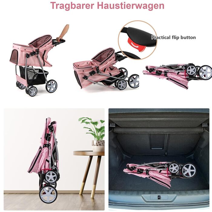 Собачий візок SOARS для собак до 15 кг, розкладний, з сітчастими віконцями, тримачем для напоїв та кошиком для зберігання, для маленьких тварин (Рожевий)