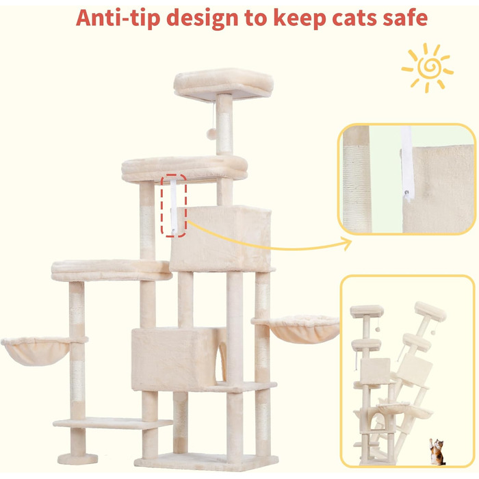 Котячий будиночок Hey-brother Kratzbaum з подовженою частиною, широкими платформами, затишними печерами, гамаками, сизалевими стовпчиками та м'ячиком для котів, 178 см, MPJ038W (Бежевий)