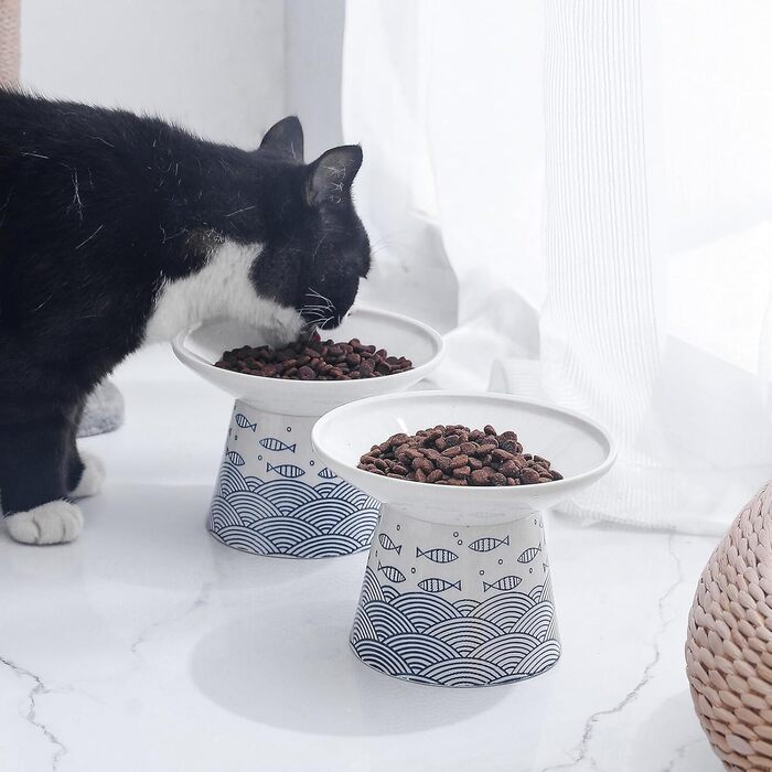 Набори мисок для котів OMAYKEY, 2 шт., кераміка, широкі, підняті, для корму та води, блакитні