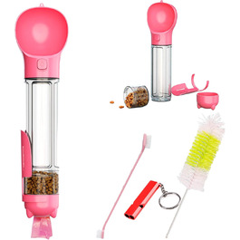 Водяна пляшка для собак SukaJia 4-в-1 з мискою, свистком та щіткою (500 мл, Рожевий)