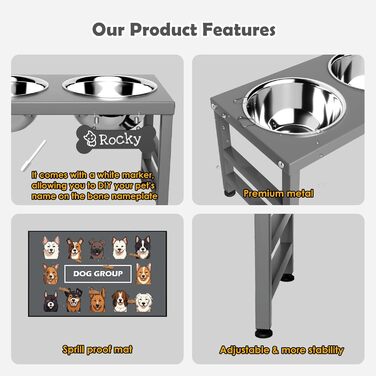 Підвищена годівниця для собак великих та екстра-великих порід, з підставкою та двома мисками з нержавіючої сталі (2,863 г), з нековзною основою, висота 43 см, висота мисок 25 см, сіра, L