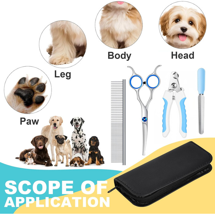 Набір професійних ножиць для грумінгу собак та котів, 4 шт. з безпечними закругленими кінцями, сталевий гребінець, шкіряний чохол