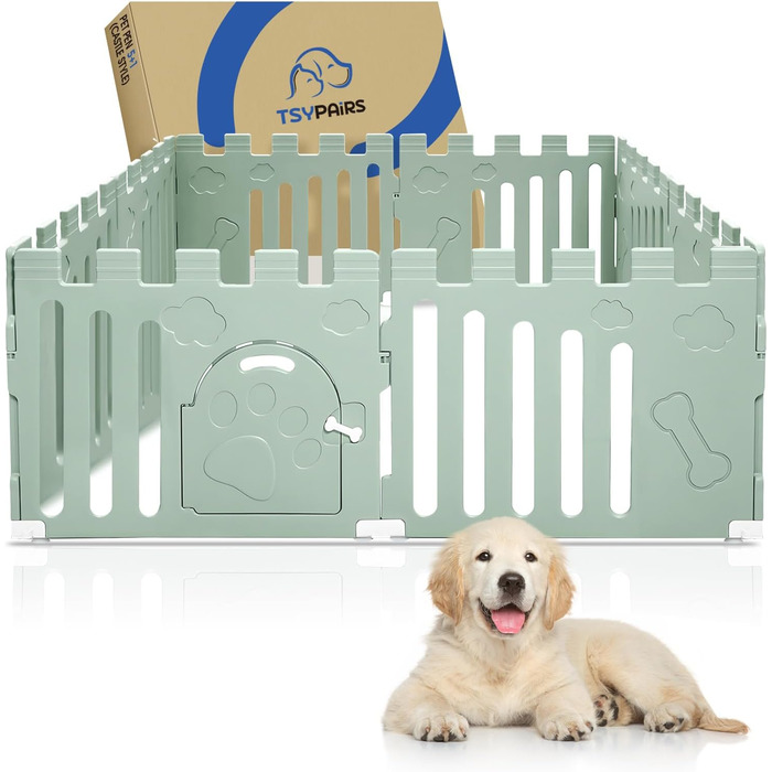 Клітка для собак з дверима, 8 панелей, 61 см, для цуценят, міцний пластик, захисний загін для маленьких тварин, антиковзне та безпечне огорожа, зелений колір, 8 панелей