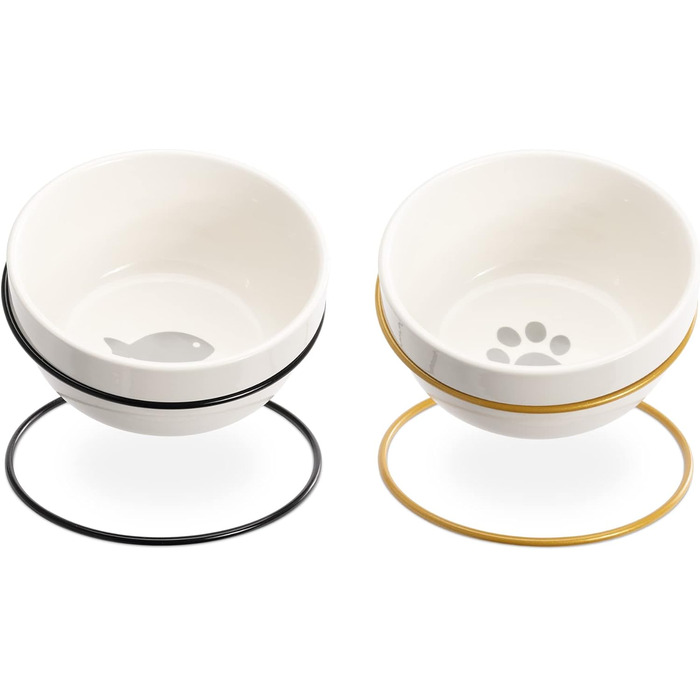 Набір мисок для тварин Navaris (2 шт) з металевим підставкою: для котів та собак, миється в посудомийній машині, нахилена миска, золото/чорний