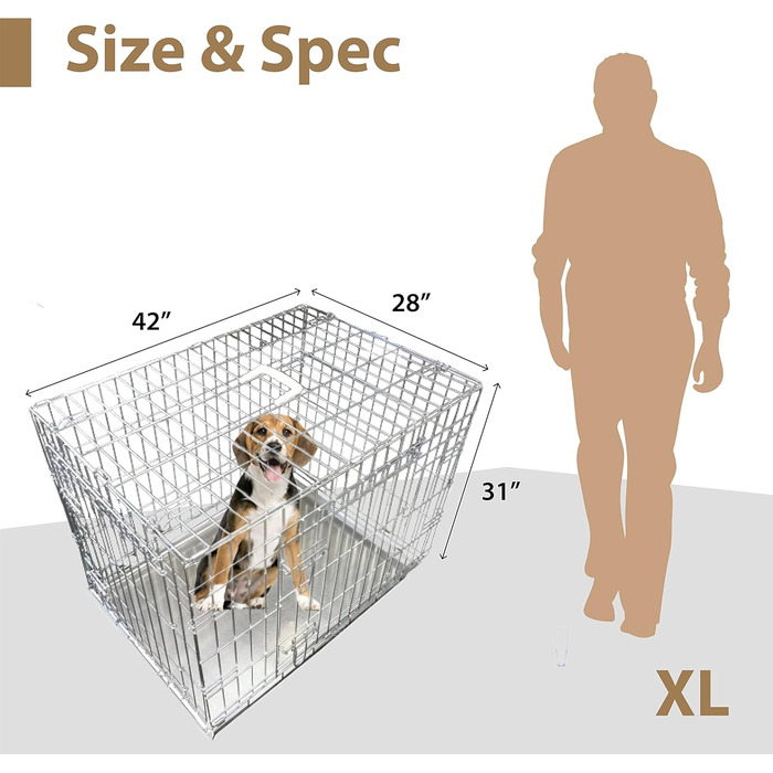 Клітка для собак Ellie-Bo, переносна клітка для цуценят, велика, 91 см, складана, з 2 дверцятами, з металевою мискою, стійкою до кусання (107 x 71 x 79 см, срібна)