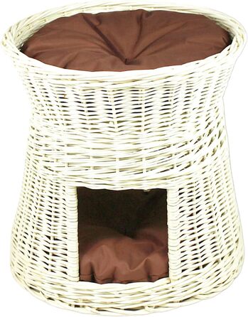 Кігтеточка-будиночок для котів: двоярусне ліжко з плетіння з лози, діаметр 50 см, з подушкою, білий колір