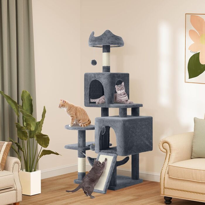 Кігтеточка YITAHOME XXL для котів, 137 см, сіра: 8 стовпів з сизалю, 3 платформи, 2 печери, гамак, іграшки