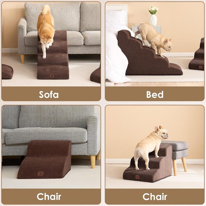 Сходинки для собак EHEYCIGA – 50 см, для маленьких собак, на диван/ліжко, з високощільним губчастим матеріалом, знімний та миючий чохол, протиковзне покриття, 4 сходинки, сірий колір (40 x 50 x 30 см, коричневий)