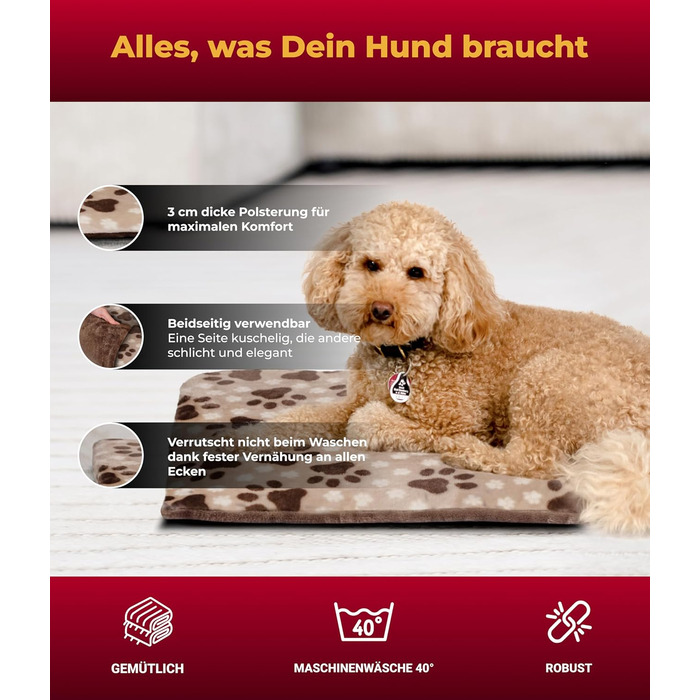Лежак для собак HS-Hundebett® M 65x95 см, двосторонній, зручний, з 3 см наповнювачем, для дивану, авто та клітки, бежевий з лапкою, вироблено в Німеччині