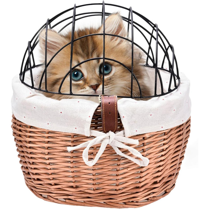 Кошик для кота на велосипед: кошик 30x25x30 см, з металевим плетінням, знімний тримач для тварини, плетіння з лози, кріплення на кермо | Транспортування собак та котів
