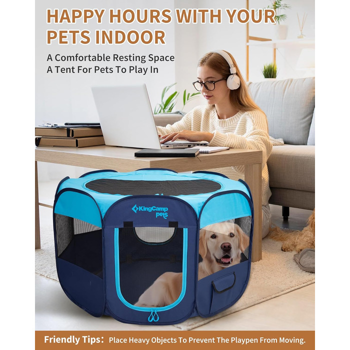 КінгКемп Переносний вольєр для собак, вольєр для цуценят, складаний вольєр для домашніх тварин, намет для собак з сумкою, для використання в приміщенні та на вулиці, знімний блискавкою низ, розмір S (вольєр для тварин з 8 панелей, блакитний)