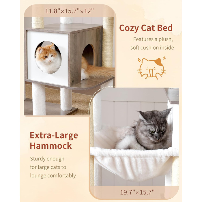 Дерев'яний когтеточка Heybly Kratzbaum 179 см з будиночком та гамаком, HCT121WB (Вінтаж-Сірий)