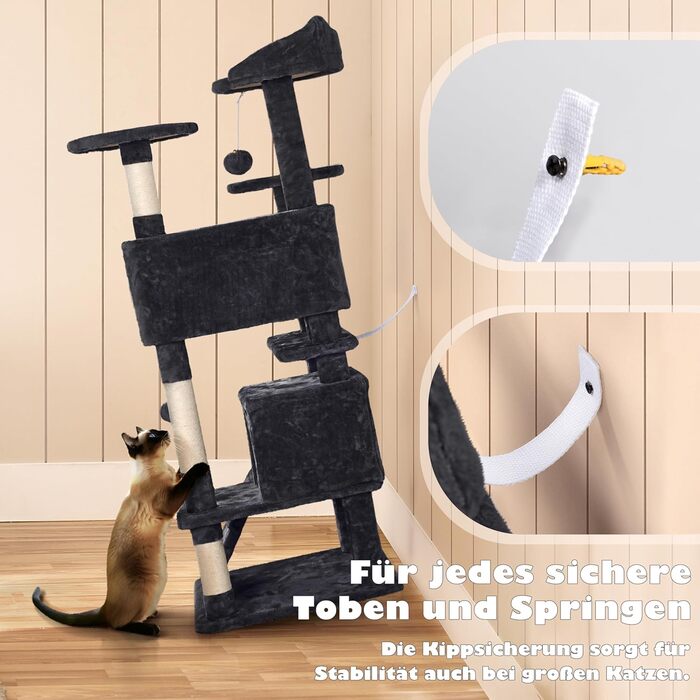 Кігтеточка-кімнатний комплекс Yaheetech 139 см, чорний, з 3 платформами, 3 стовпчиками, 2 хованками та іграшками