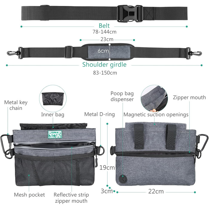 Сумка для корму для собак ORIA, переносна сумка для тренувань, з магнітним закриттям, регульований ремінь та диспенсер для відходів, преміум-якість - сіра