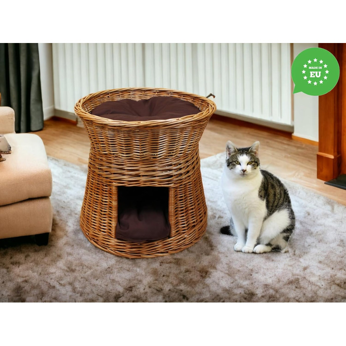 Кошик-будиночок для котів з лози, двоповерхове ліжко для котів і собак, діаметр 47 см, натуральна вербова хата з коричневими подушками, для дому