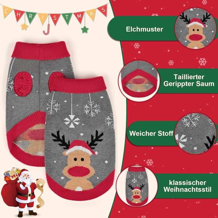 Пуловер для собак Elch Weihnachten: теплий зимовий пуловер з ролетним коміром для маленьких та середніх собак, сірий, XXL