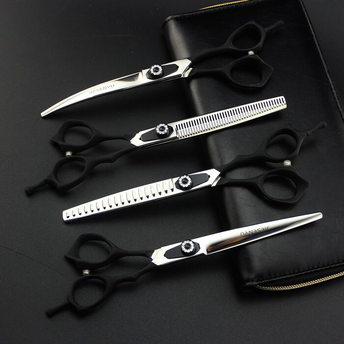 Набір професійних ножиць для грумінгу собак JIESENYU 7.0 дюймів (4 шт.) - прямі та тонкі леза, чорний колір