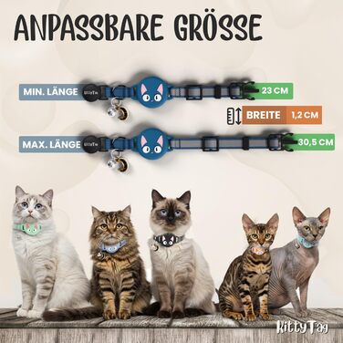 Нашийник для котів KittyTag з аксесуарами, сумісний з Apple Airtag, світловідбиваючий та світосвітний, GPS, захист від задушення, регульований (темно-синій)