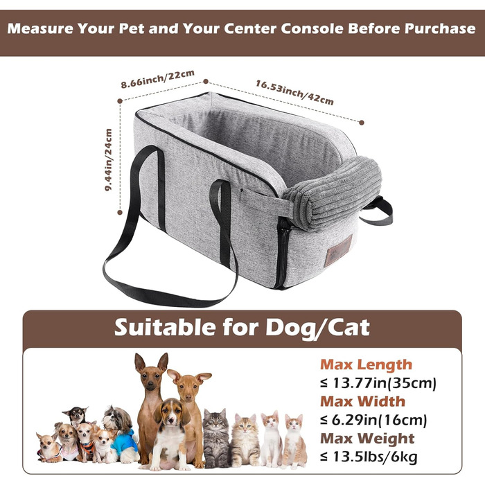 Автокрісло для собак та котів, Mittelkonsole, стабільне, з ременями, знімне, миється (Moiré)