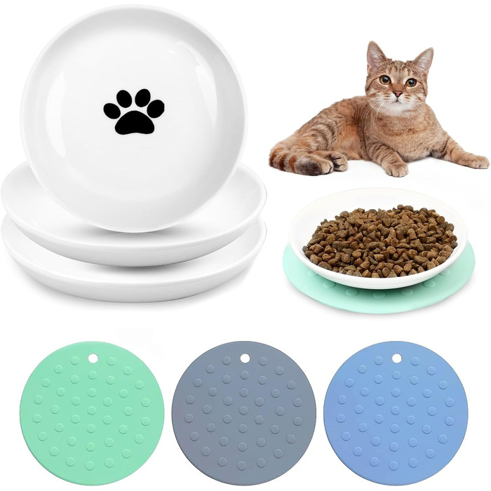 Набір мисок для котів з кераміки (3 шт.) з антиковзкими килимками, миски для корму котів, собак, кроликів, керамічні миски для їжі